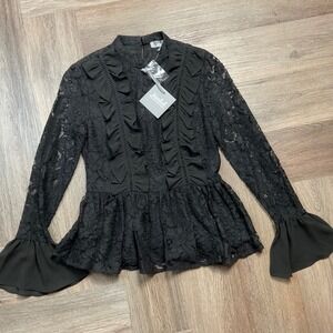 Marled Reunited Clothing Peplum Top Womens XS Black Lace Bell Sleeve Edwardian